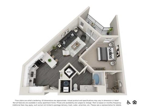 Floor plan for 1 bed, 1 bath, 805 sqft